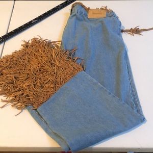 INDUSTRIATTO size 12 blue wide leg jeans with leather fringe made in Italy